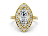 Yellow gold Marquise Diamond Halo Ring with Milgrain Frame and Pavé Band