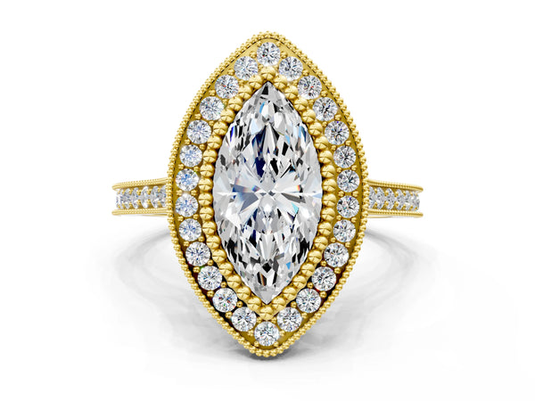 Yellow gold Marquise Diamond Halo Ring with Milgrain Frame and Pavé Band