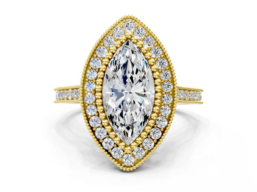 Yellow gold Marquise Diamond Halo Ring with Milgrain Frame and Pavé Band