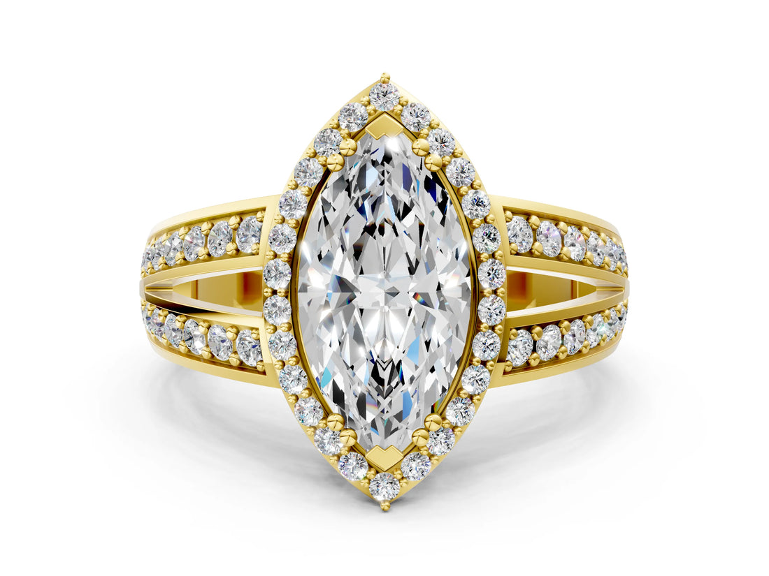 Yellow gold Marquise Diamond Halo Ring with Split Shank Pavé Band and Four-Prong Setting_6
