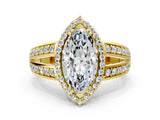 Yellow gold Marquise Diamond Halo Ring with Split Shank Pavé Band and Four-Prong Setting_6