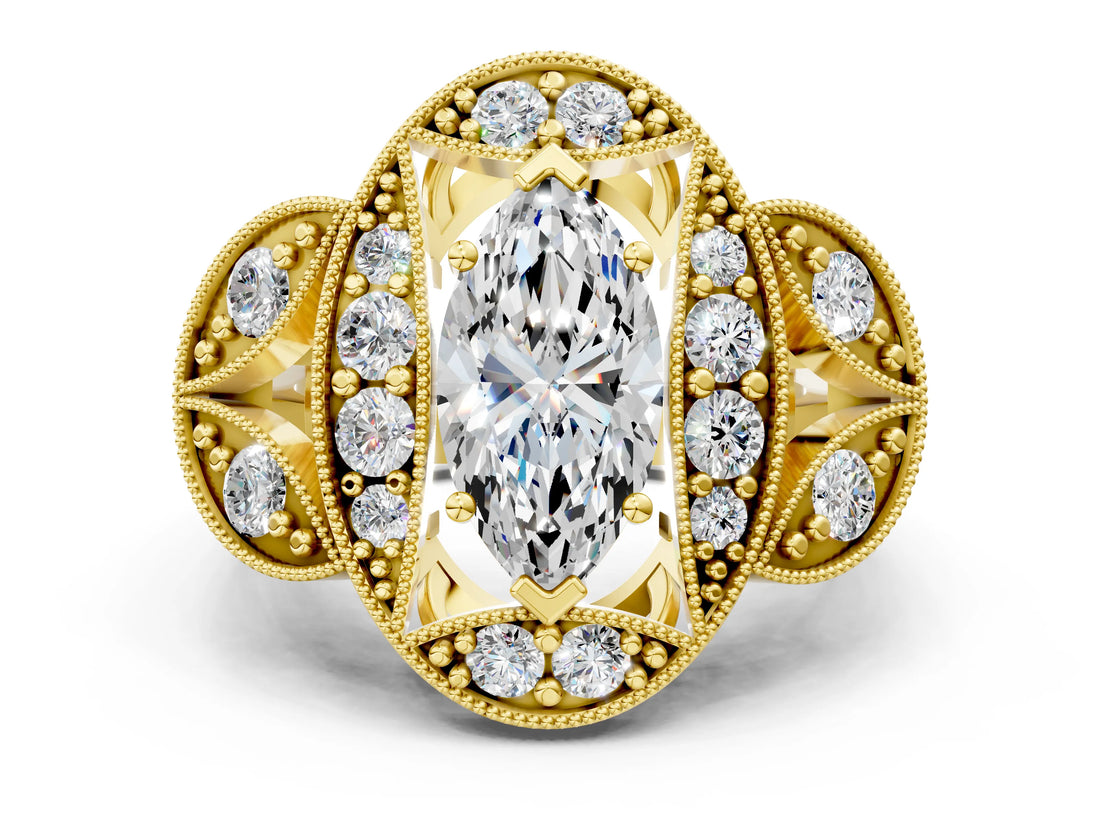 Yellow gold Marquise Diamond Milgrain Marquise Filigree Engagement Ring with Prong Setting_6