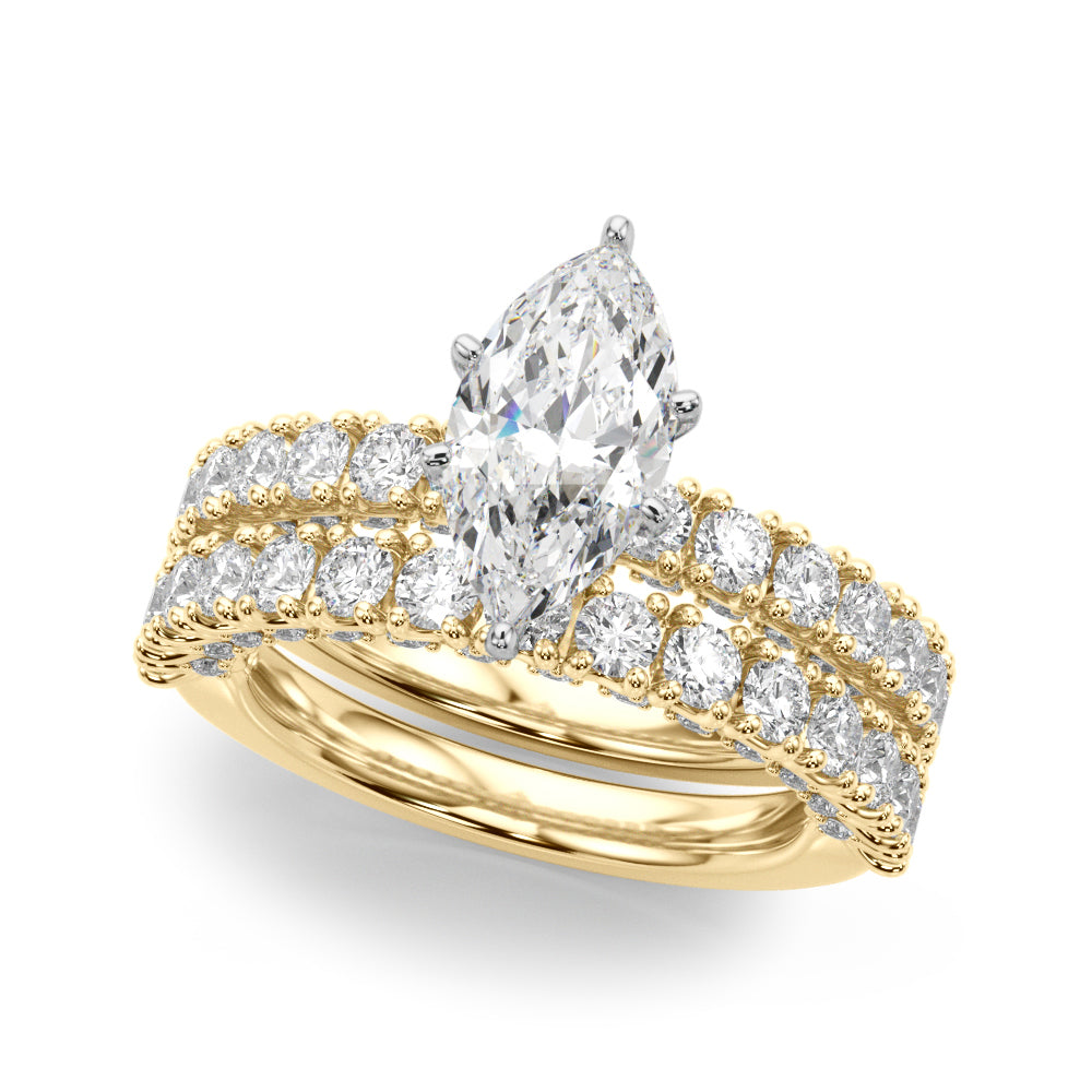 Yellow gold Marquise Diamond Pavé Band Solitaire Ring with Four-Prong Setting 1
