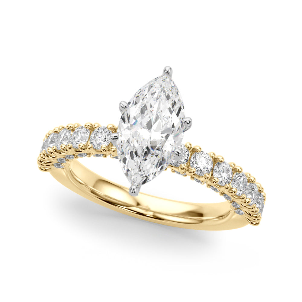 Yellow gold Marquise Diamond Pavé Band Solitaire Ring with Four-Prong Setting