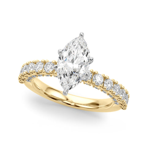 Yellow gold Marquise Diamond Pavé Band Solitaire Ring with Four-Prong Setting