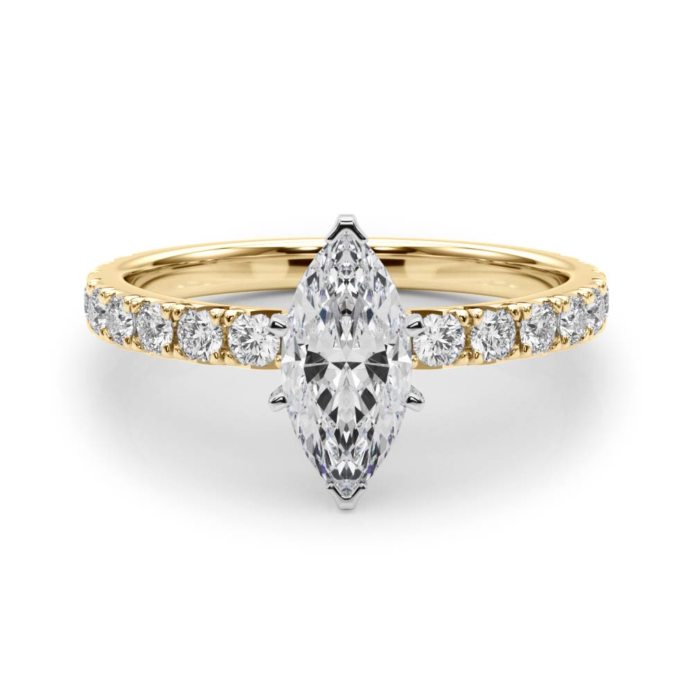 Yellow gold Marquise Diamond Pavé Band Solitaire with Four-Prong Setting 1
