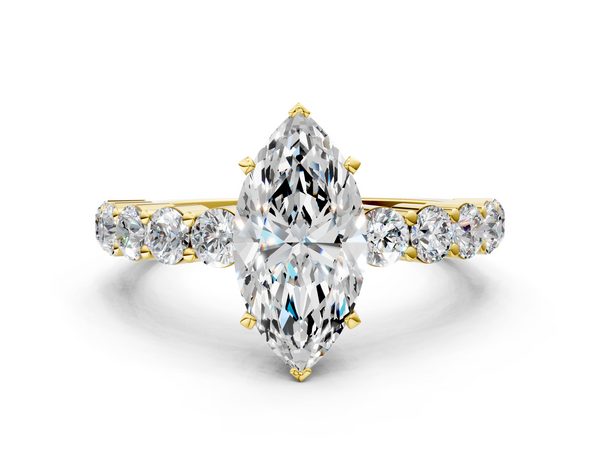 Yellow gold Marquise Diamond Solitaire Ring with Shared Prong Round Side Stones