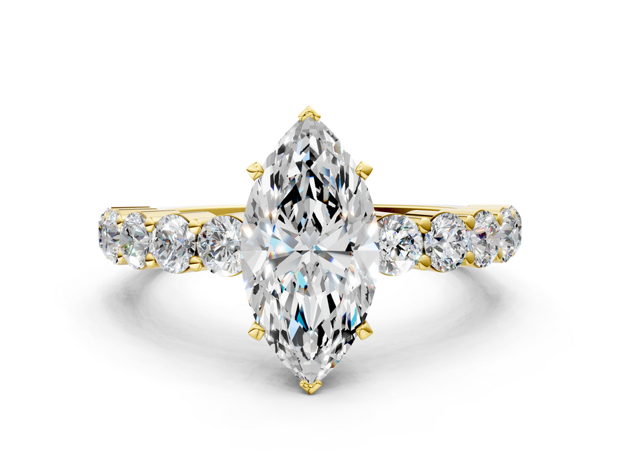 Yellow gold Marquise Diamond Solitaire Ring with Shared Prong Round Side Stones