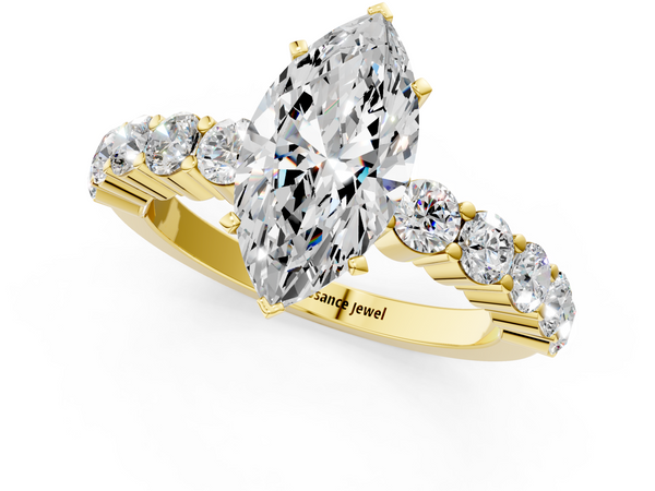 Yellow gold Marquise Diamond Solitaire Ring with Shared Prong Round Side Stones