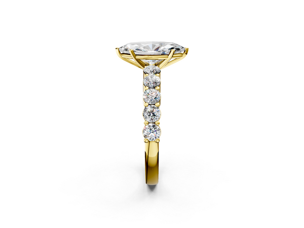 Yellow gold Marquise Diamond Solitaire Ring with Shared Prong Round Side Stones