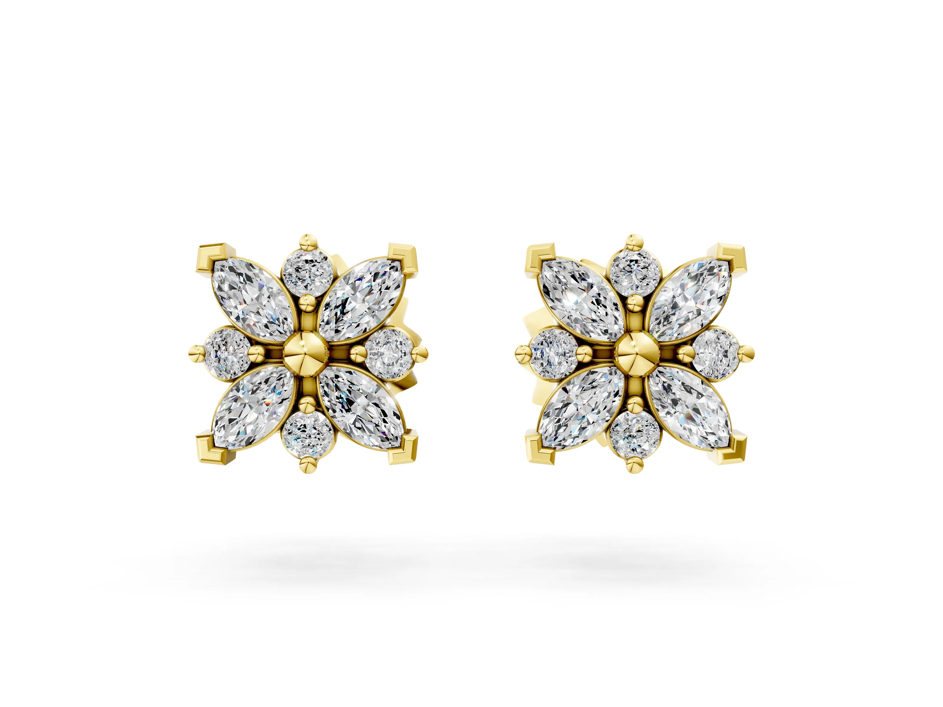 Yellow gold Marquise Diamond Petal Stud Earrings with Diamond Accents_8