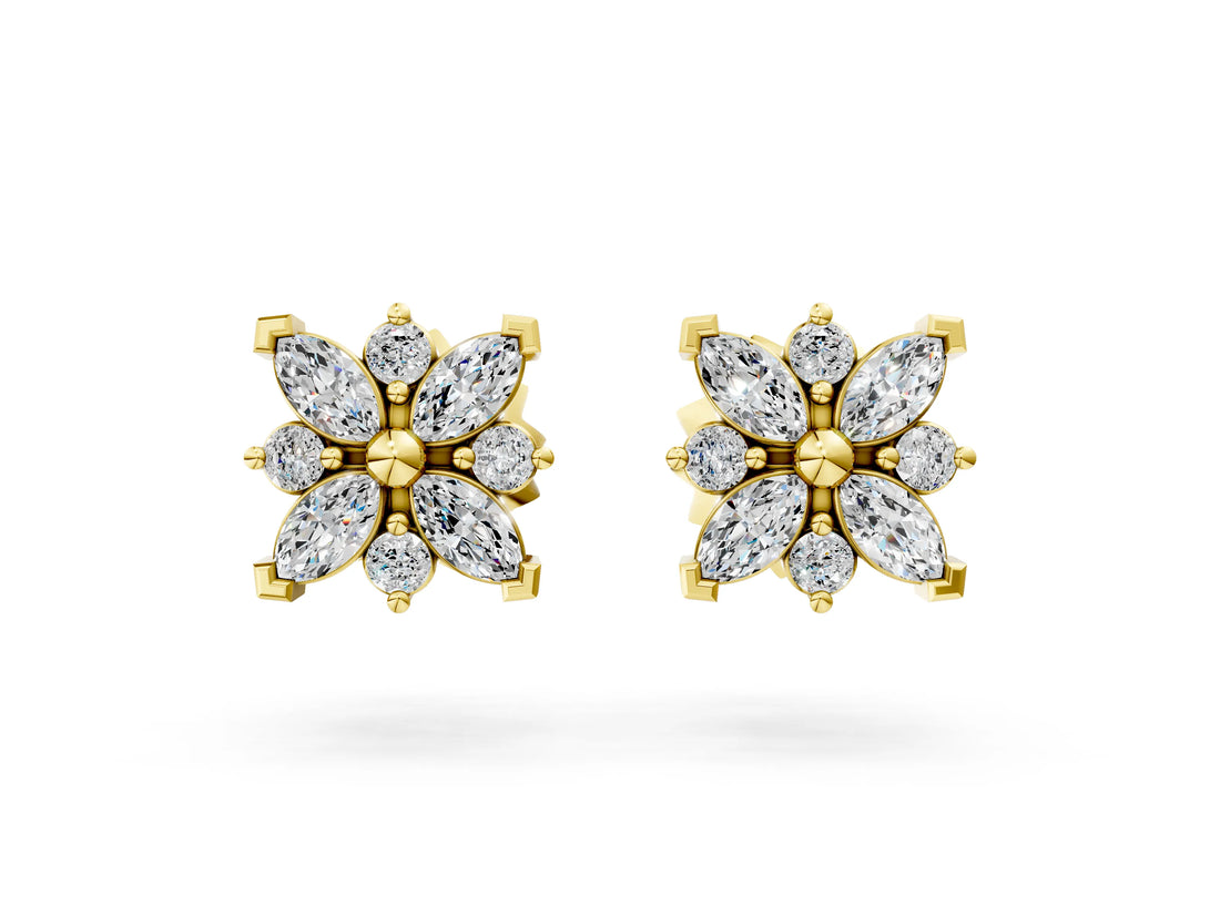 18K Yellow Gold 0.31 Carat E VS Marquise Diamond Petal Stud Earrings with Diamond Accents