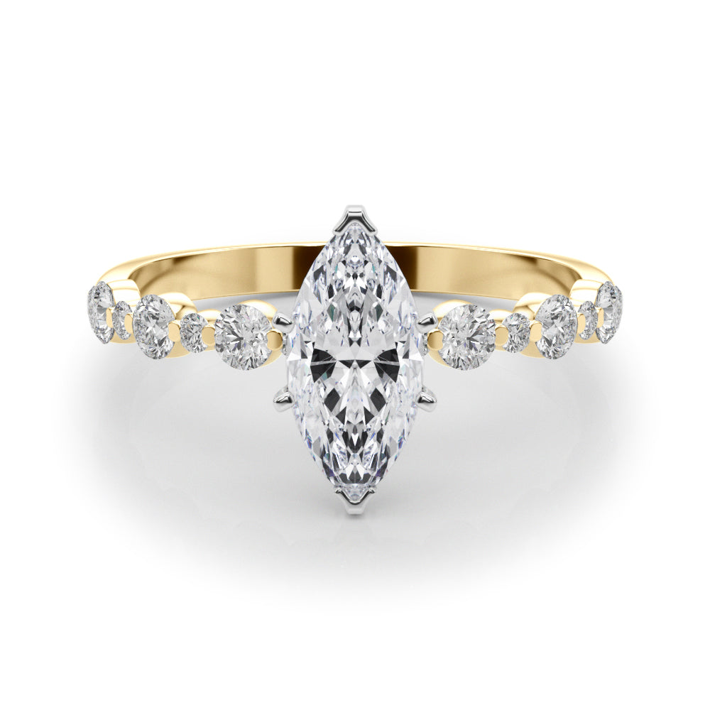 Yellow gold Marquise Diamond Prong Set Engagement Ring with Pave Band 1