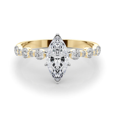 Yellow gold Marquise Diamond Prong Set Engagement Ring with Pave Band 1