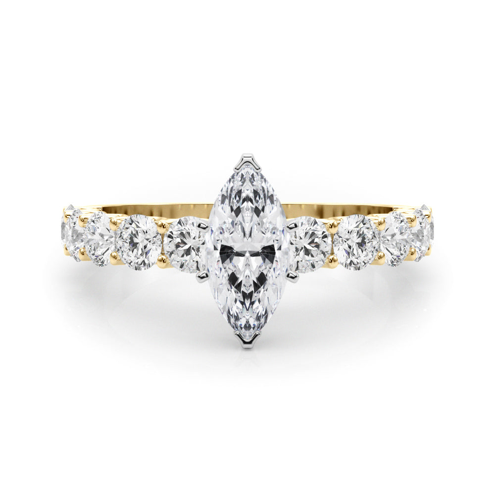 Yellow gold Marquise Diamond Prong Setting with Side Stones on a Pave Band 1