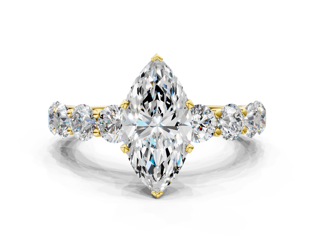 Yellow gold Marquise Diamond Prong Setting with Side Stones on a Pave Band_129