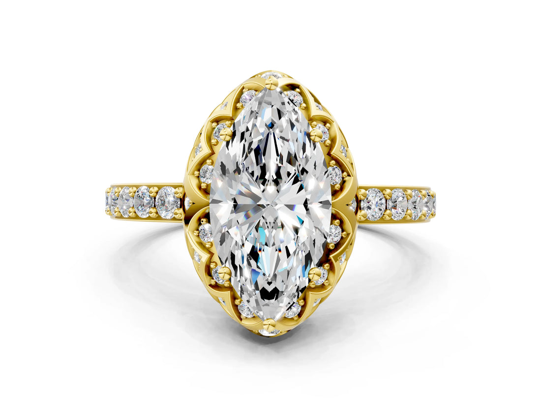 Yellow gold Marquise Diamond Solitaire Ring with Shared Prong Pavé Band_52