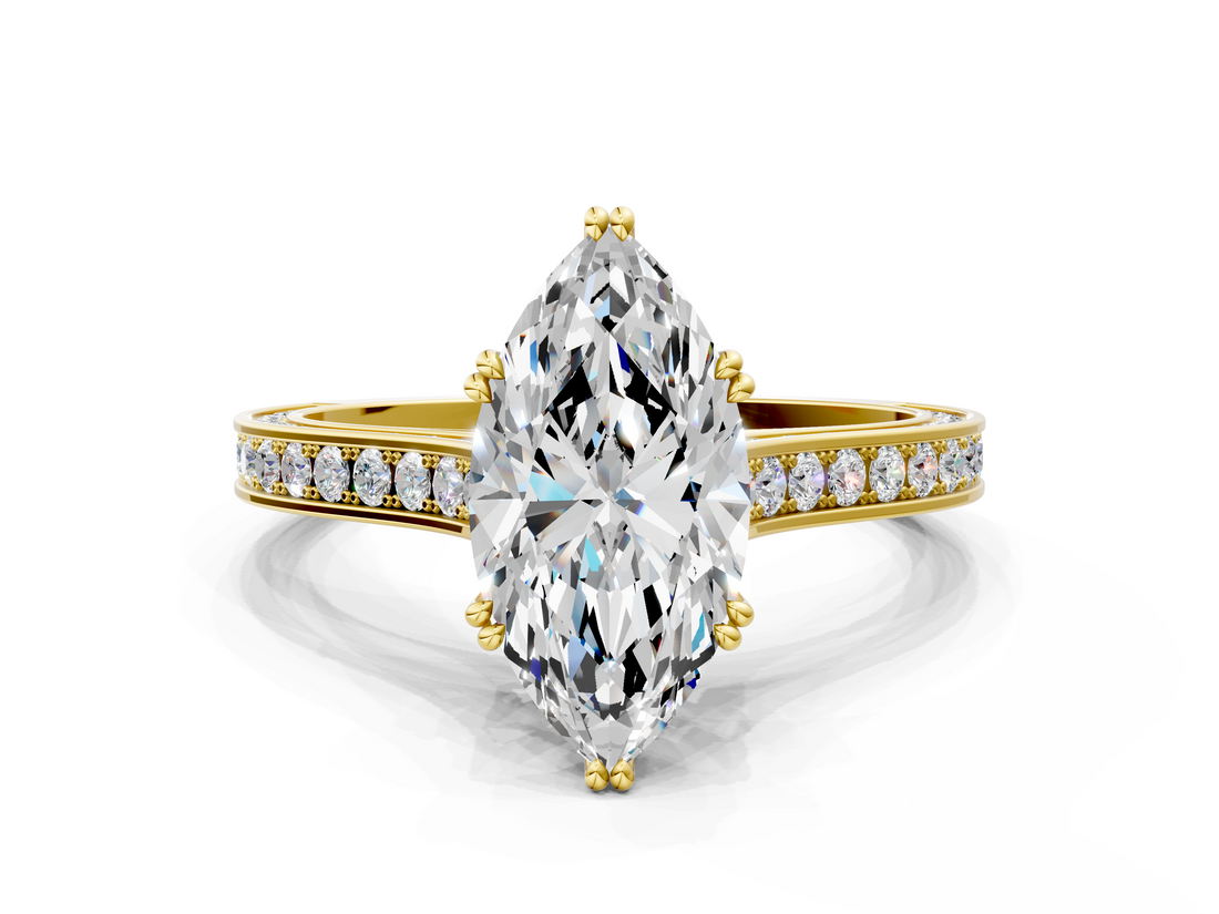 Yellow gold Marquise Diamond Solitaire with Pave Band and Six-Prong Setting_40