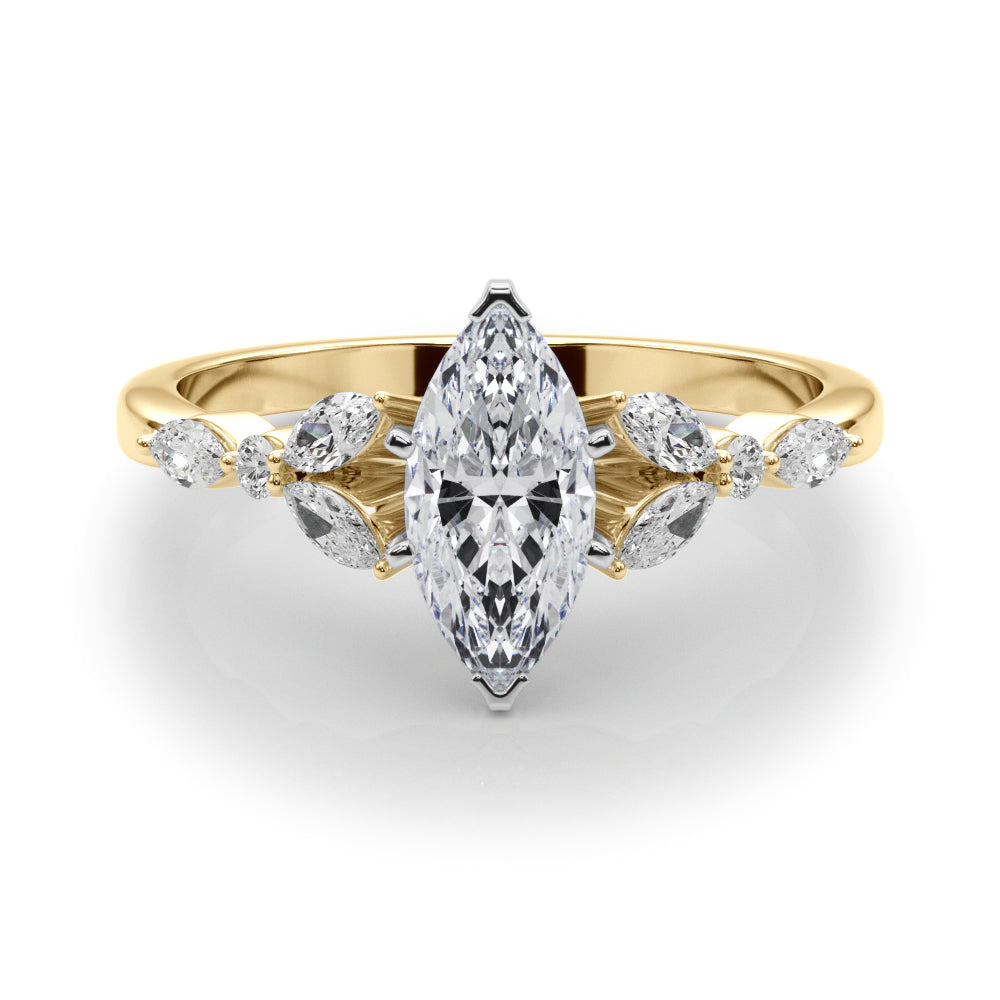 Yellow gold Marquise Diamond Solitaire with Side Stones on a White Gold Band and Four-Prong Setting 1