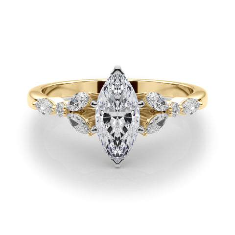 Yellow gold Marquise Diamond Solitaire with Side Stones on a White Gold Band and Four-Prong Setting 1