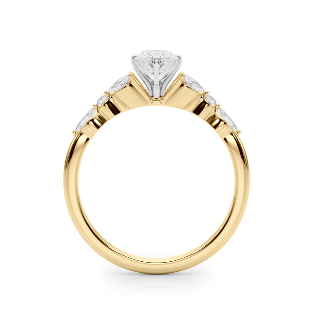 Yellow gold Marquise Diamond Solitaire with Side Stones on a White Gold Band and Four-Prong Setting 2