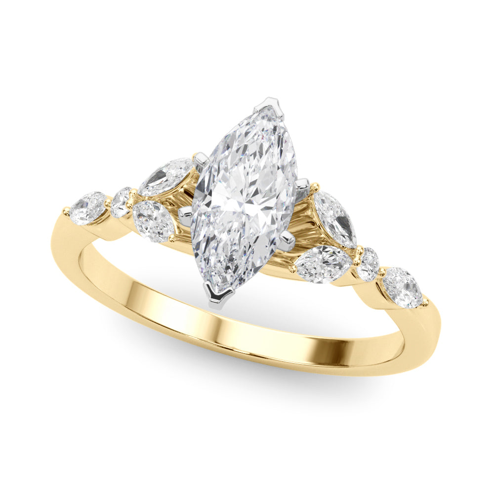 10K Yellow Gold 1.03 Carat F VVS2 Marquise Diamond Solitaire with Side Stones on a White Gold Band and Four-Prong Setting