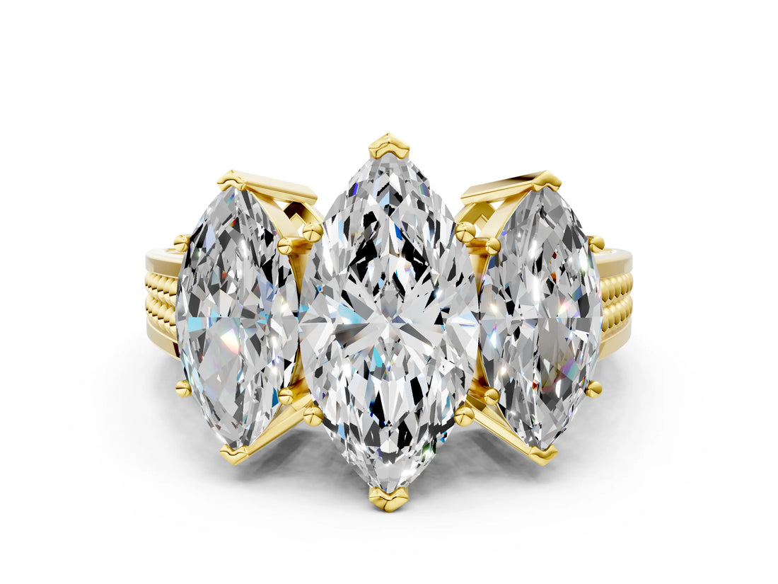 Yellow gold Marquise Diamond Three-Stone Ring with Prong Setting and Textured Band_6