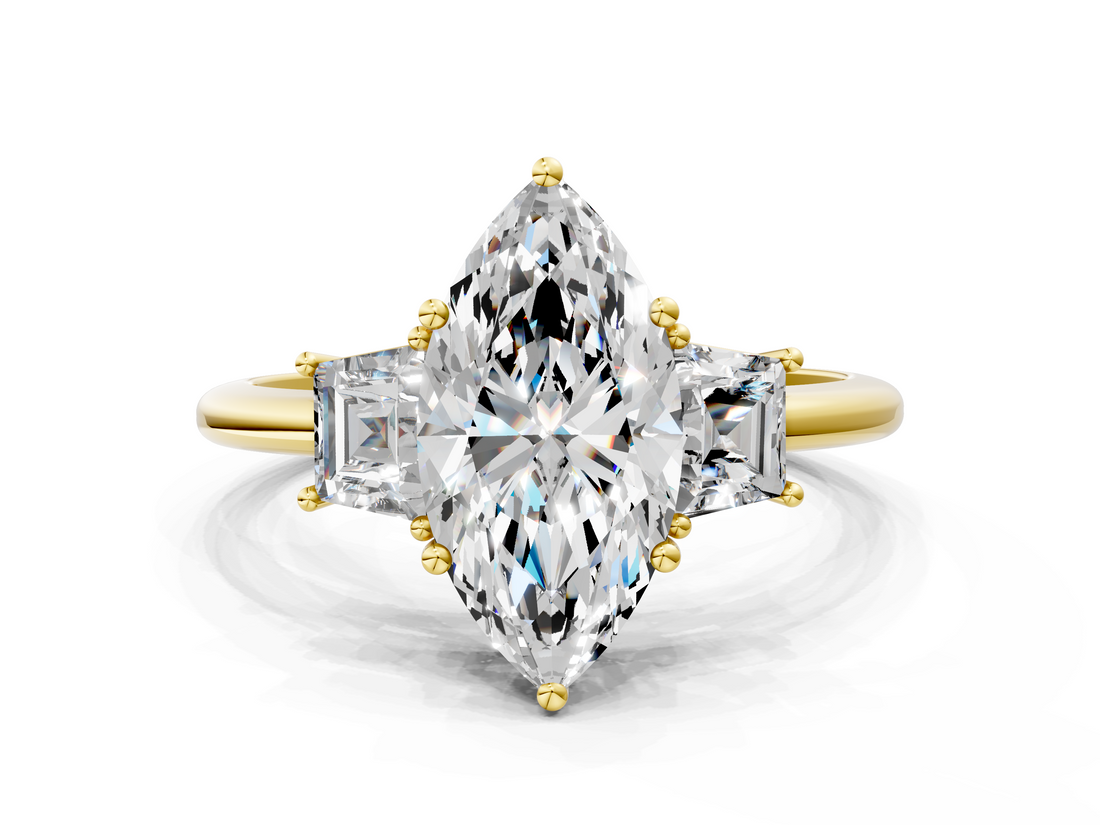 Yellow gold Marquise Diamond Three-Stone Ring with Trapezoid Side Stones and Prong Setting_23