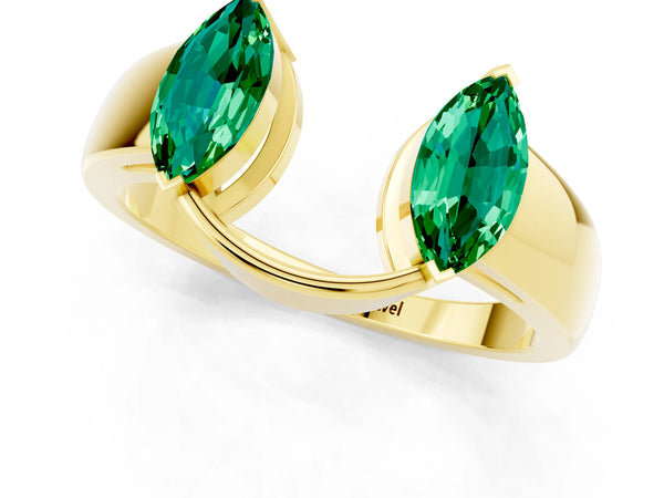 Yellow Gold Marquise Lab-Grown Emerald Open Curved Wedding Band with Rim and Tip Holders