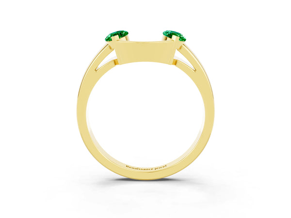 Yellow Gold Marquise Lab-Grown Emerald Open Curved Wedding Band with Rim and Tip Holders