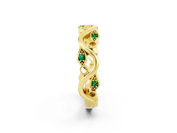 Yellow Gold Round Lab-Grown Emerald Marquise Leaf Vine Wedding Band with Open Curls