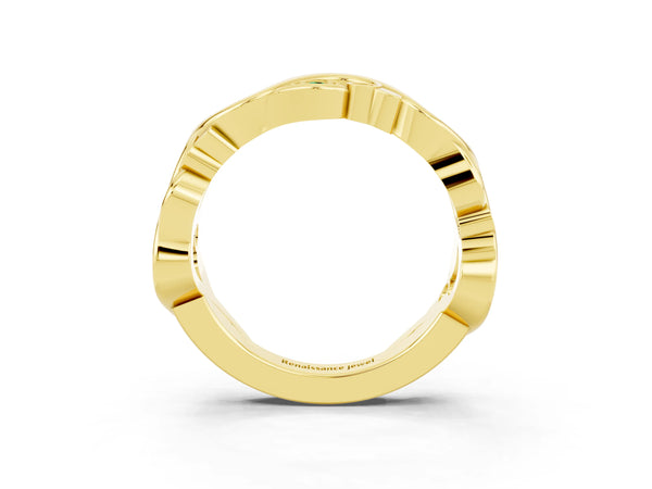 Yellow Gold Round Lab-Grown Emerald Marquise Leaf Vine Wedding Band with Open Curls