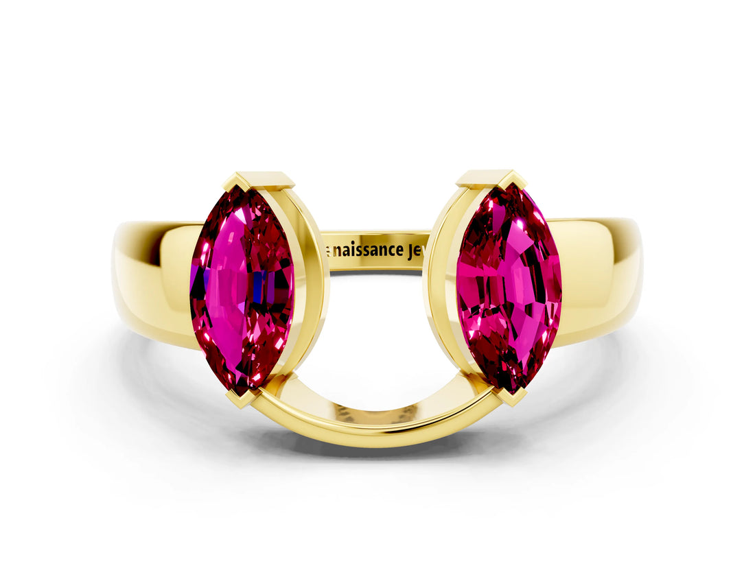 Yellow gold Marquise Garnet Open Band Ring with Tension Setting_6