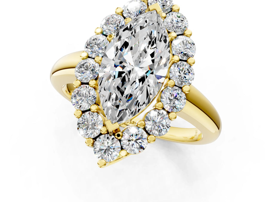 Yellow gold Marquise Halo Cluster Diamond Engagement Ring with Prong Setting and Polished Band