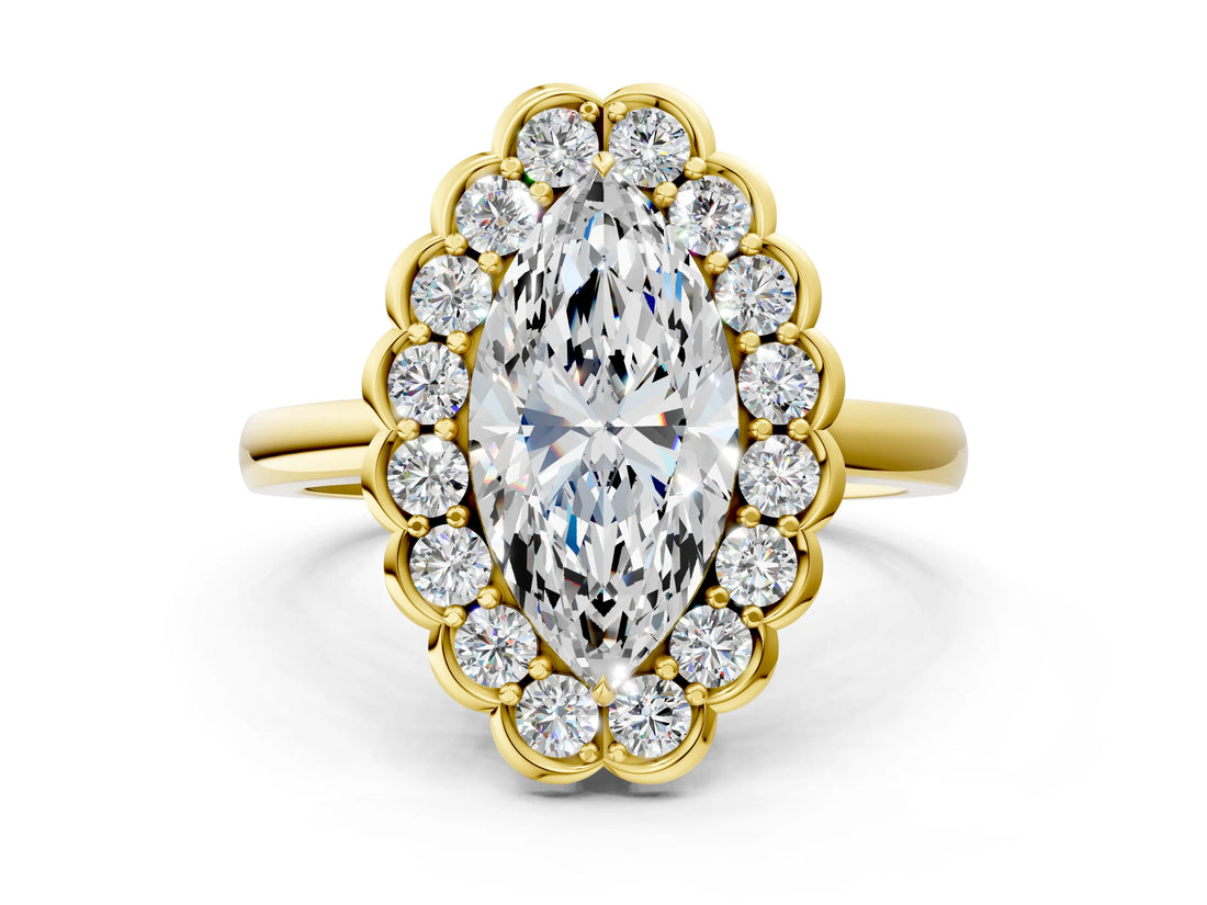 Yellow gold Marquise Halo Cluster Diamond Engagement Ring with Solitaire Band and Prong Setting_49