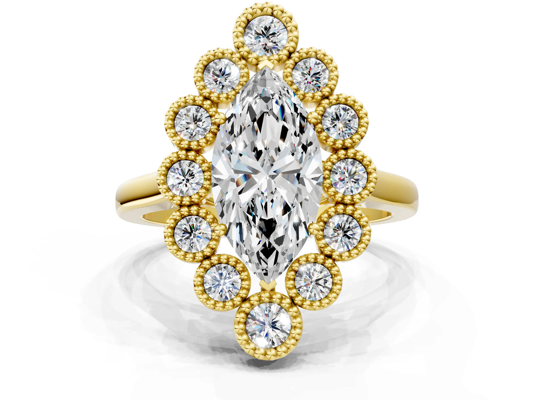Yellow gold Marquise Halo Diamond Cluster Engagement Ring with Milgrain Bezel Setting and Solitaire Band_33