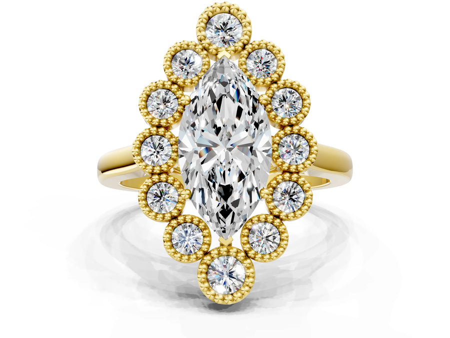 Yellow gold Marquise Halo Diamond Cluster Engagement Ring with Milgrain Bezel Setting and Solitaire Band