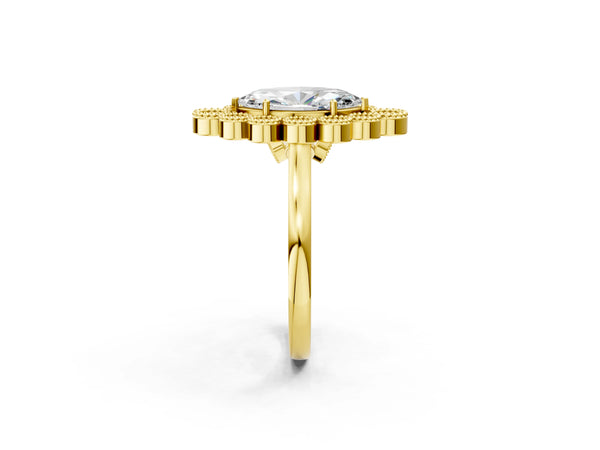 Yellow gold Marquise Halo Diamond Cluster Engagement Ring with Milgrain Bezel Setting and Solitaire Band