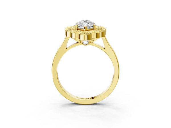 Yellow gold Marquise Halo Diamond Cluster Engagement Ring with Milgrain Bezel Setting and Solitaire Band