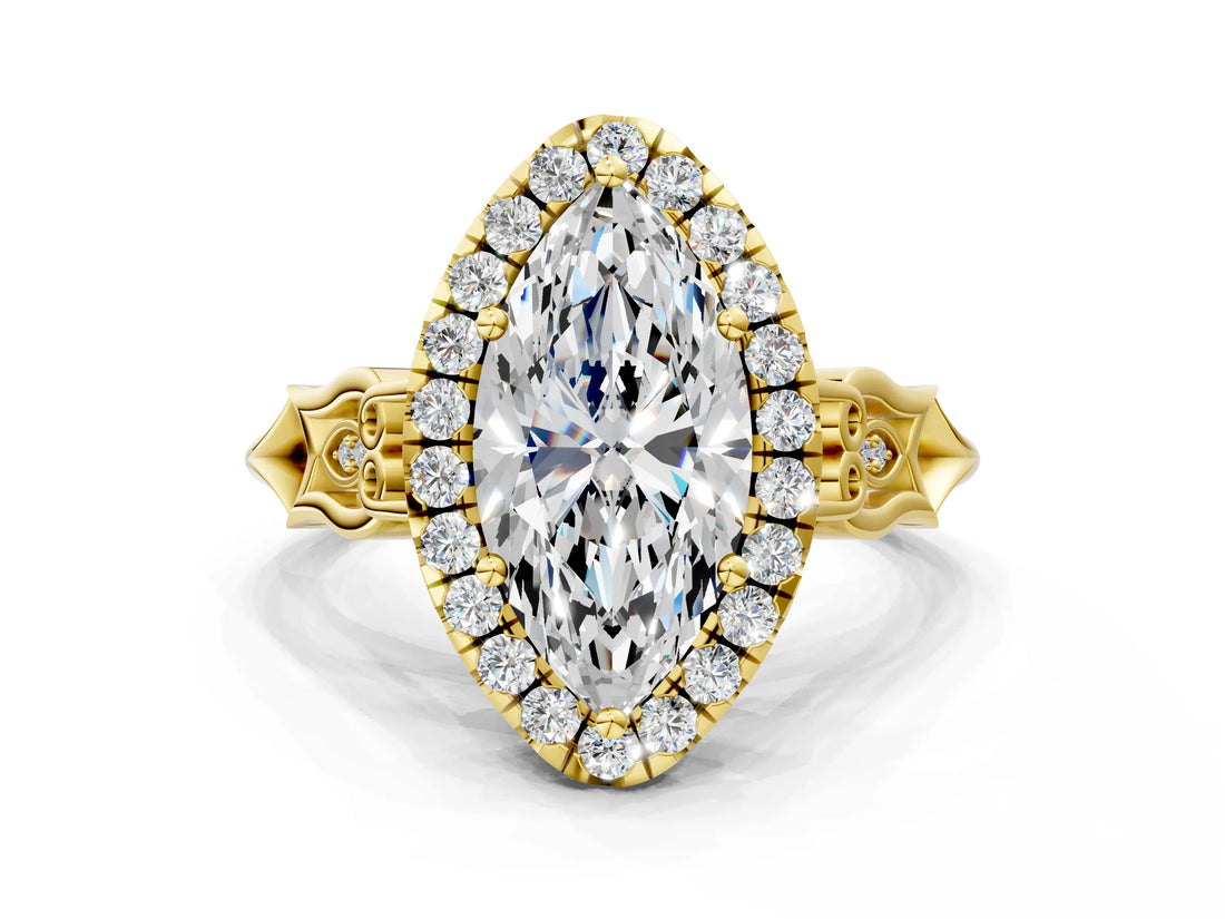 Yellow gold Marquise Halo Diamond Engagement Ring with Filigree Band and Four-Prong Setting_81