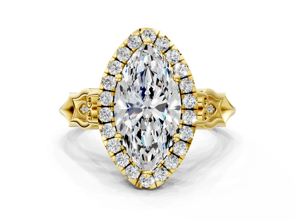 Yellow gold Marquise Halo Diamond Engagement Ring with Filigree Band and Four-Prong Setting
