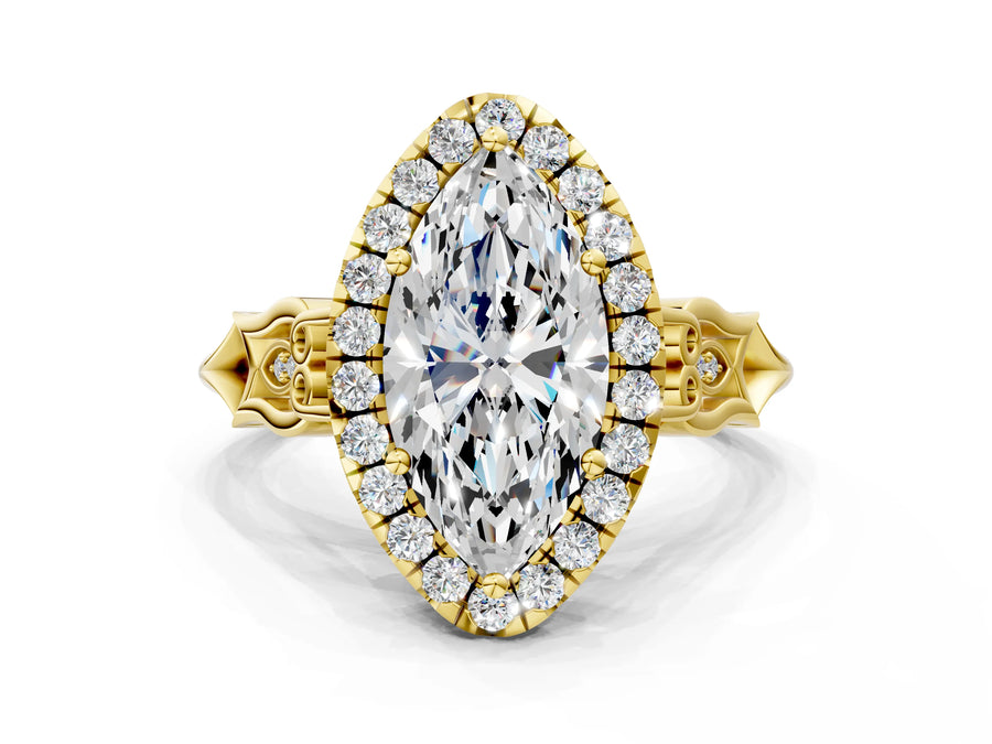 Yellow gold Marquise Halo Diamond Engagement Ring with Filigree Band and Four-Prong Setting