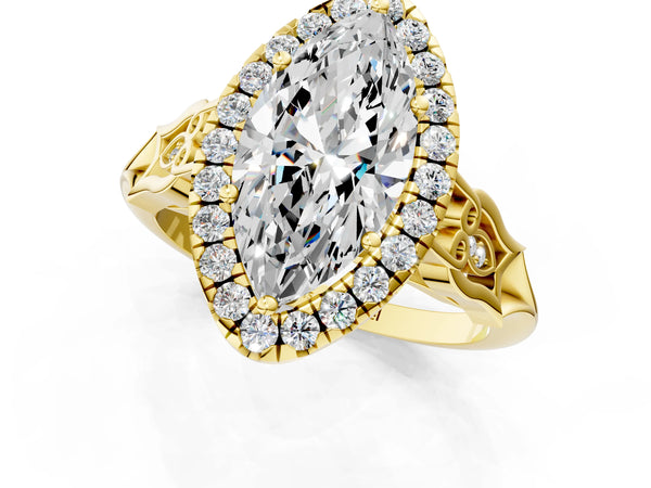 Yellow gold Marquise Halo Diamond Engagement Ring with Filigree Band and Four-Prong Setting