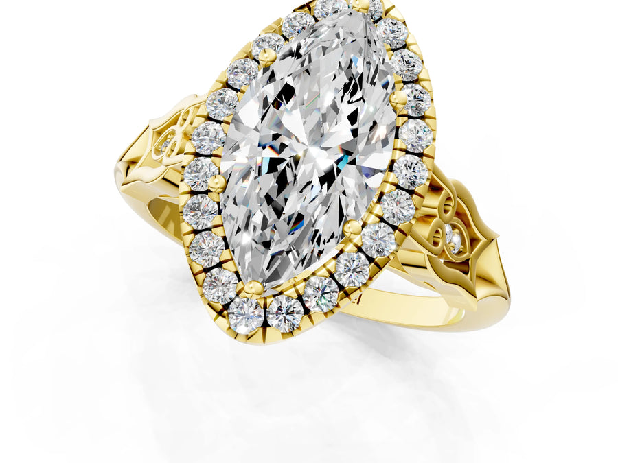 Yellow gold Marquise Halo Diamond Engagement Ring with Filigree Band and Four-Prong Setting