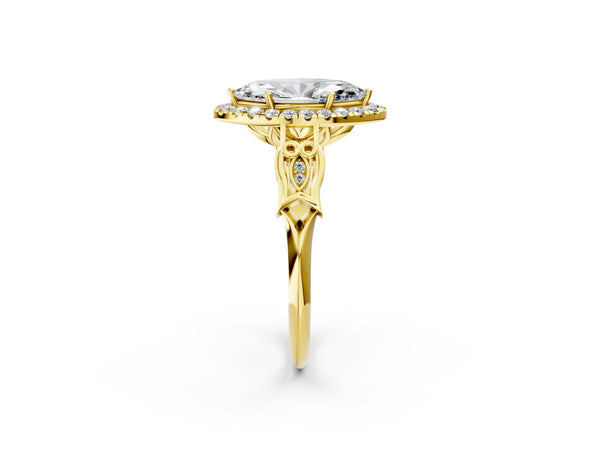 Yellow gold Marquise Halo Diamond Engagement Ring with Filigree Band and Four-Prong Setting