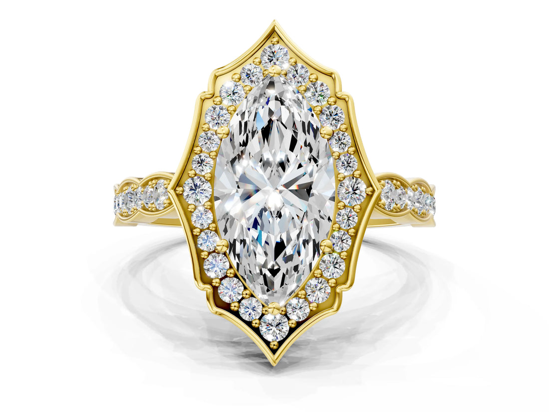 Yellow gold Marquise Halo Diamond Engagement Ring with Milgrain Band and Four-Prong Setting_54