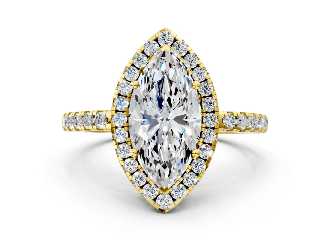 Yellow gold Marquise Halo Diamond Engagement Ring with Pavé Band and Four-Prong Setting_129