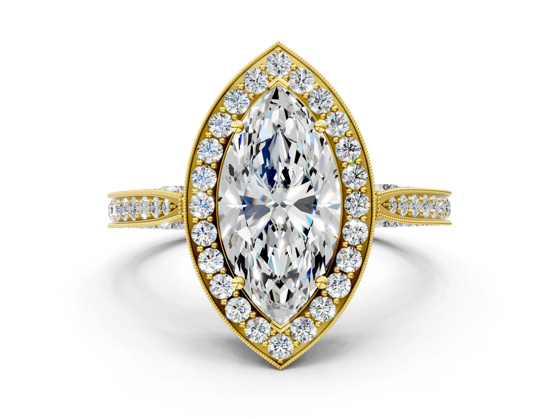 Yellow gold Marquise Halo Diamond Engagement Ring with Split Shank Band and Four-Prong Setting_6