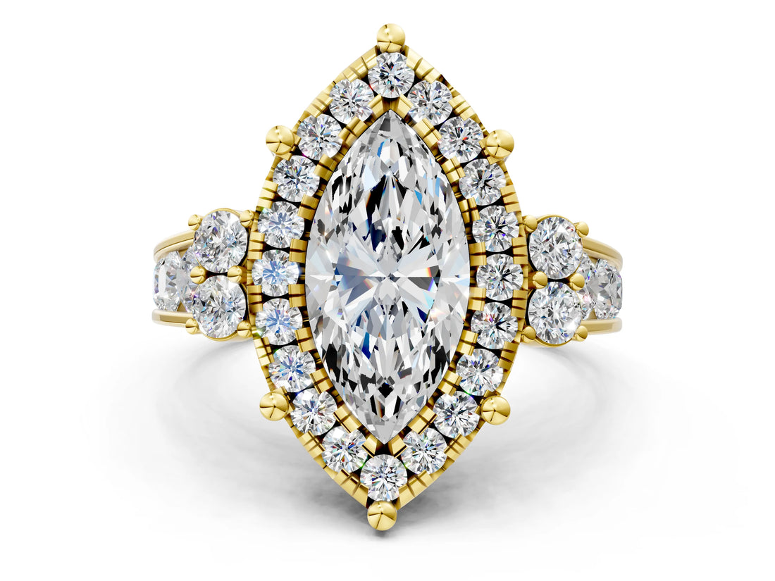 Yellow gold Marquise Halo Diamond Engagement Ring with Split Shank and Four-Prong Setting