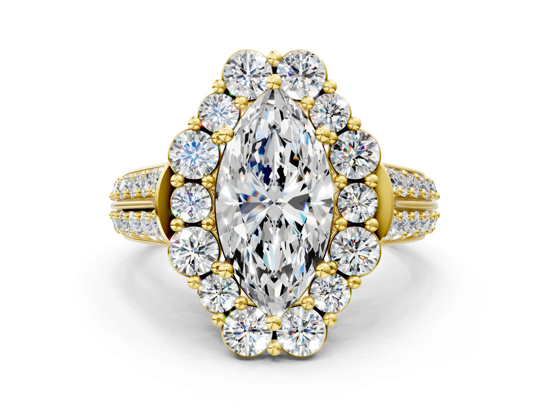 Yellow gold Marquise Halo Diamond Engagement Ring with Split Shank and Prong Setting_65